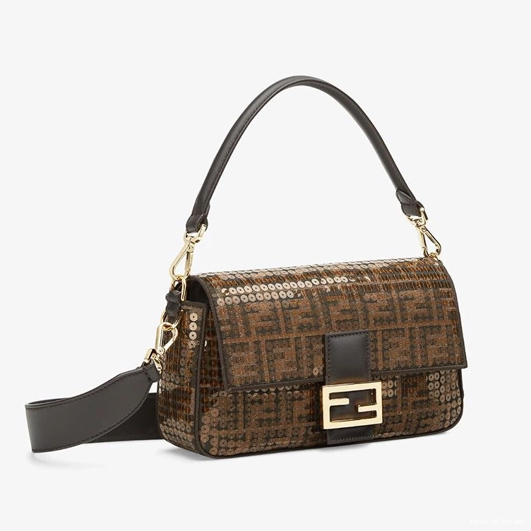 Vintage HOT Baguette Bag with FF Motif Brown Medium Fabric In Fendi Sequins 0713